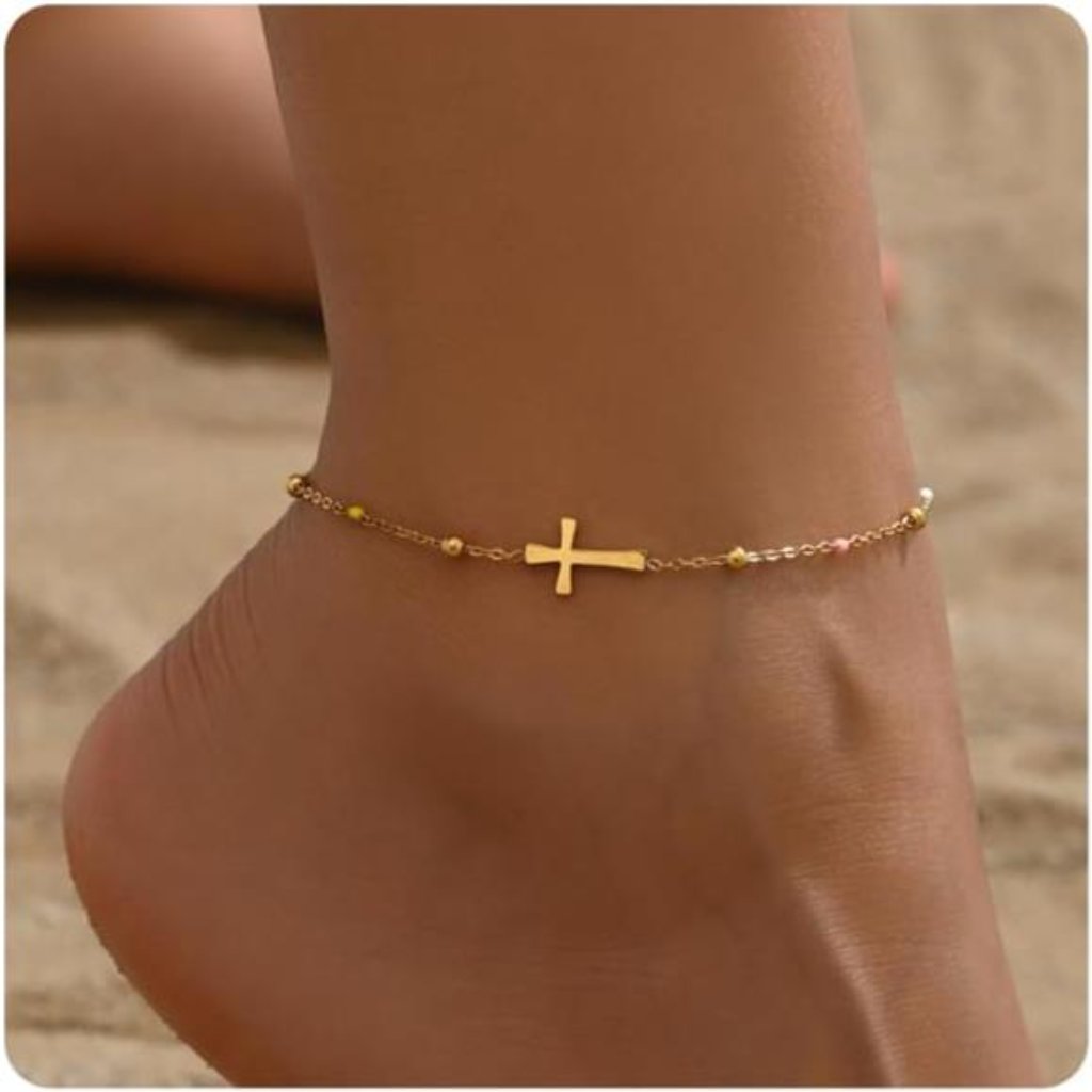 18k Gold Plated Boho Beaded Anklets For Women Dainty Gold Layered Round Ball